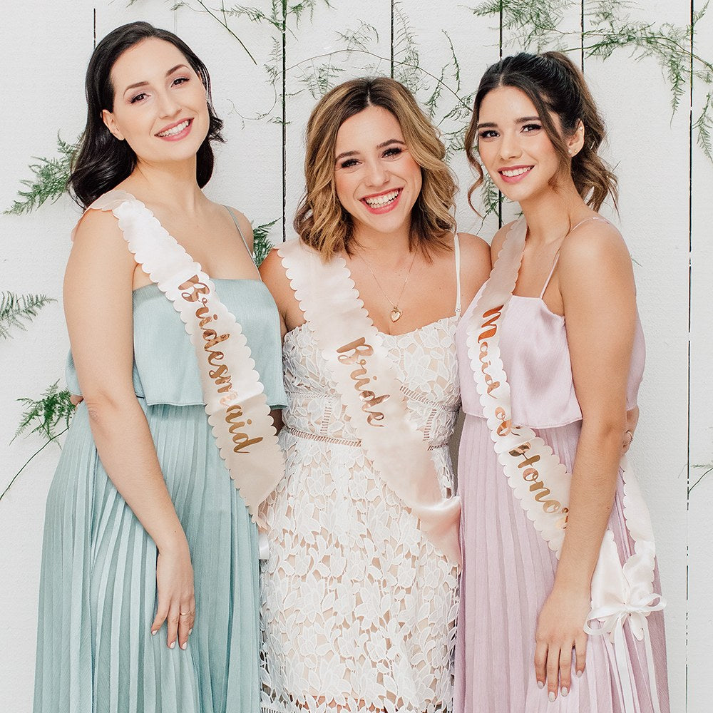 Bridesmaid Bachelorette Party Sash Blush Pink Rose Gold Satin Cutie Balloons